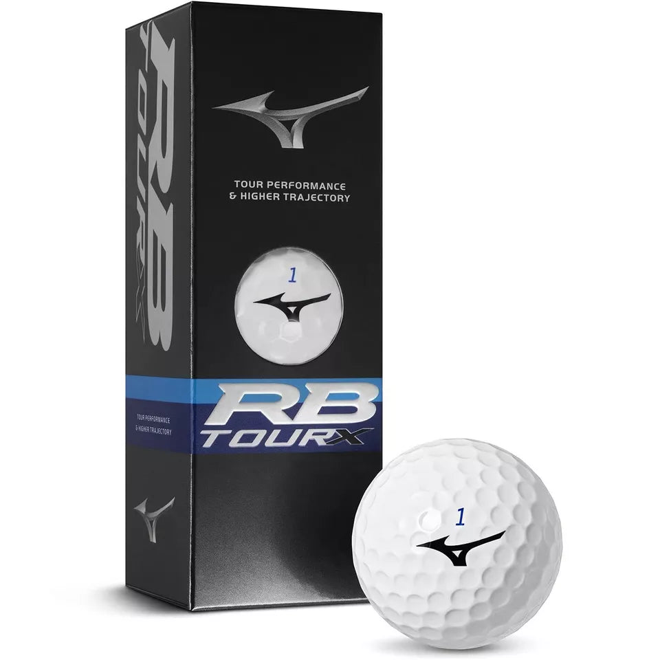 White mizuno rb tour golf ball with black logo and number 1