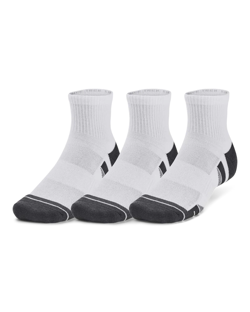 White athletic socks with black accents and ribbed texture, likely made of cotton or polyester blend.