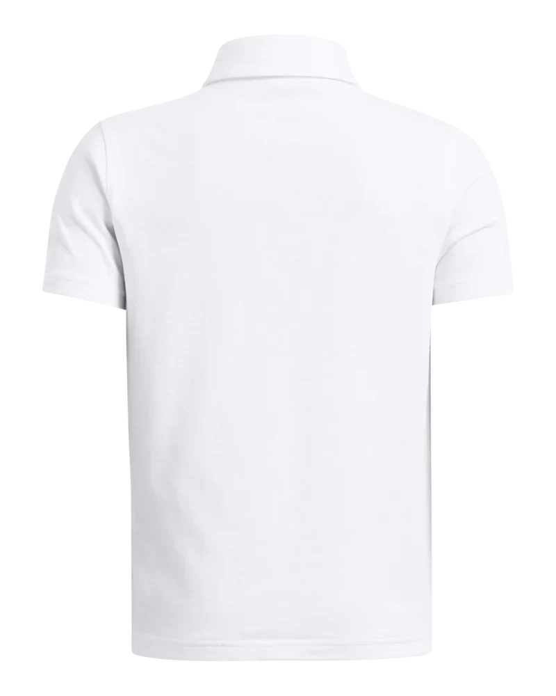 White polo shirt with short sleeves and collar, made of cotton.