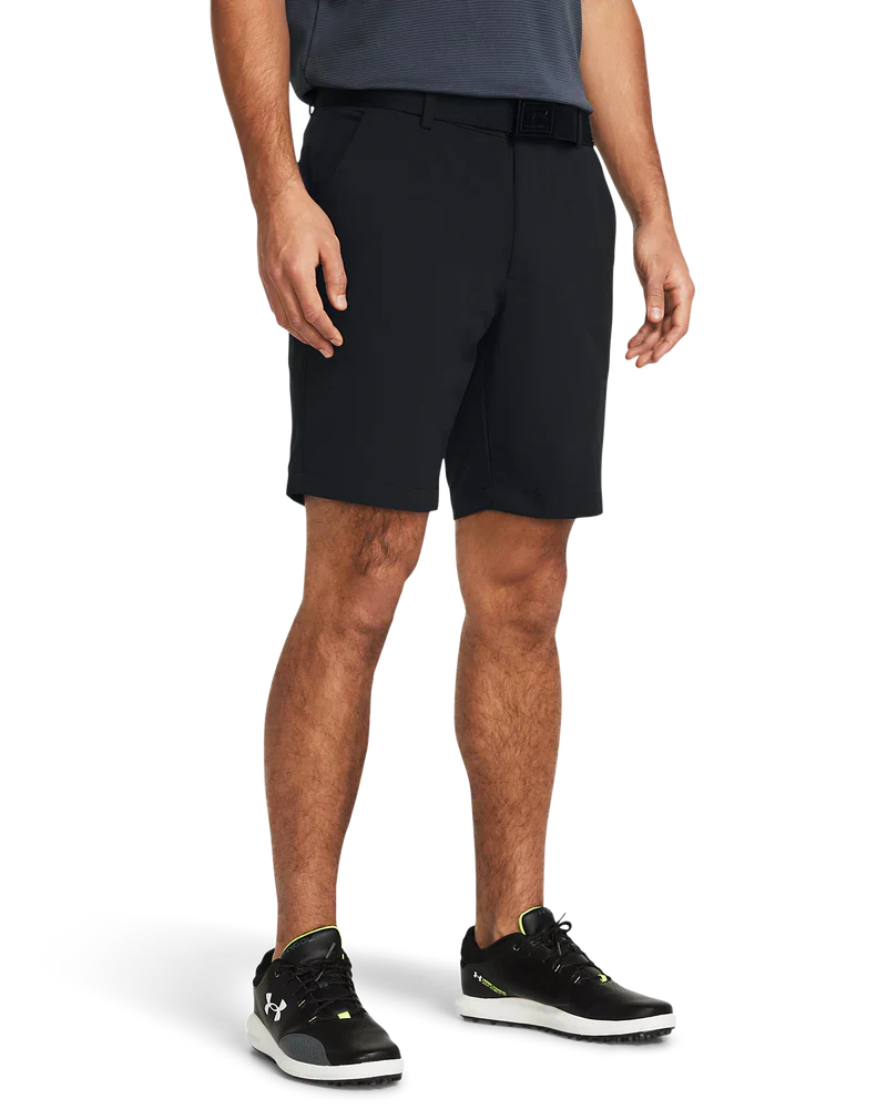 Black under armour shorts with white stripes and logo.
