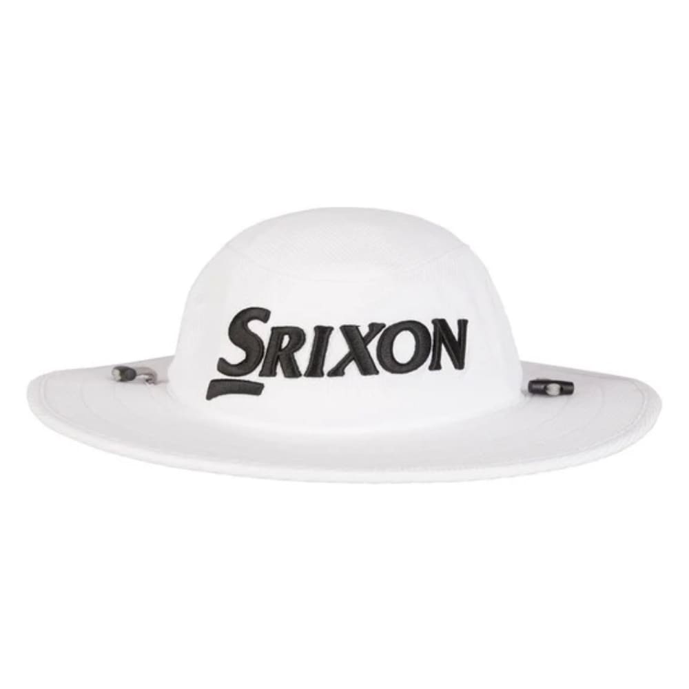 White srixon golf bucket hat with black logo and adjustable chin strap.